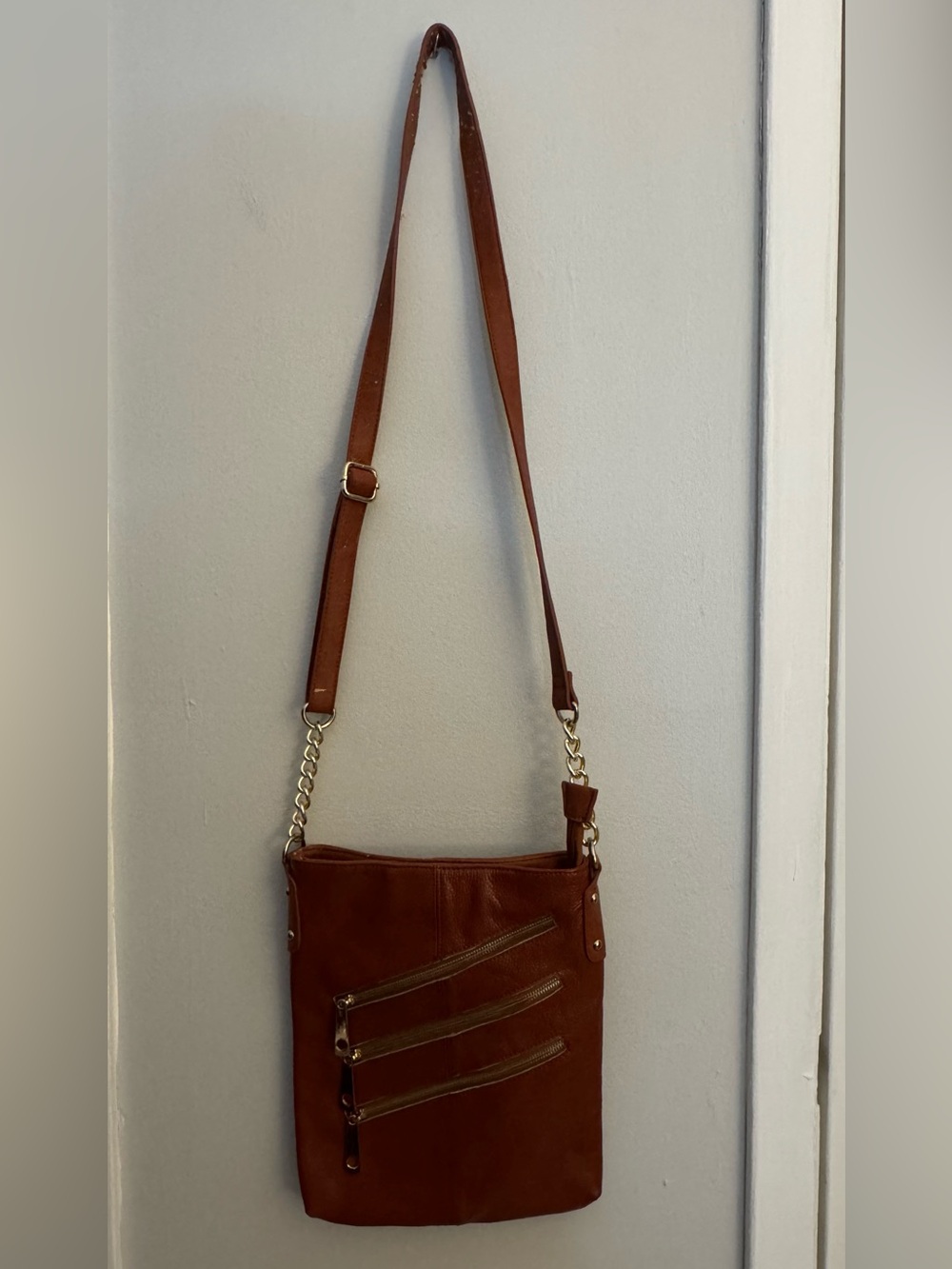 Brown Crossbody Bag Triple Zip Pocket Adjustable Strap Boho